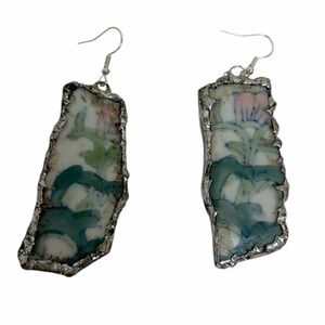 Silver Plated Broken China Earrings Floral Pastel Porcelain Dangle Cottagecore